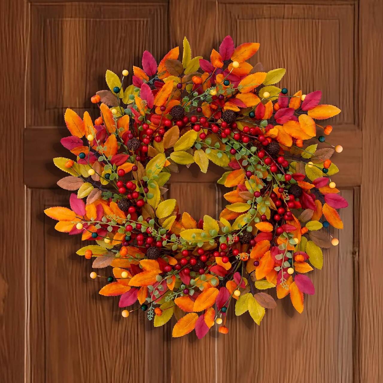 22" Berry Branches Fall Wreath with Colorful Leaves, Red Autumn Artificial Berries Wreath(Red, Yellow, Orange, Dark)13"D x 13"W x 3"H
